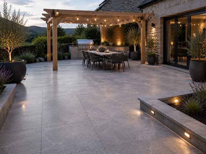 porcelain patio for outdoor living pergola and dining area in Kendal